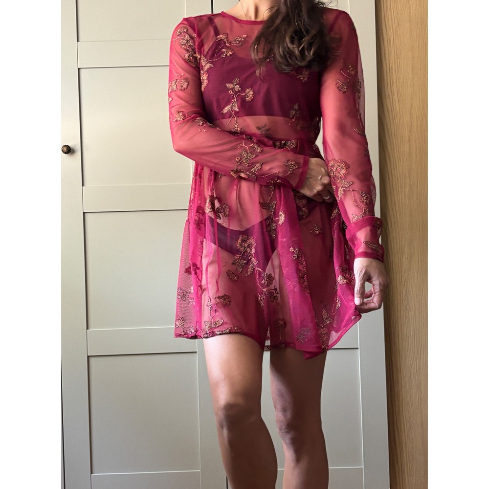 Burgundy Sheer Mesh Floral Embroidered Mini Dress Fairy Whimsygoth Romantic XS